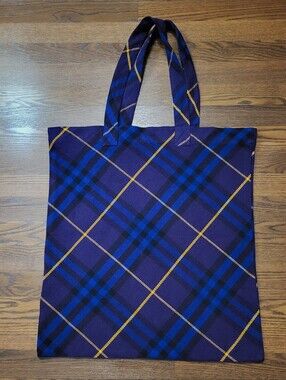 Large Purple BURBERRY Oversized Check Plaid Knit Cotton Bag Tote Purse 21x23"